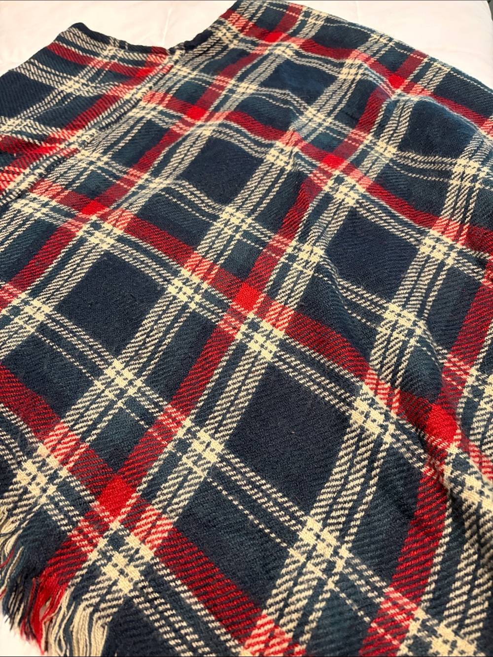 Plaid Fringe reversible poncho in Navy, Red & Cream